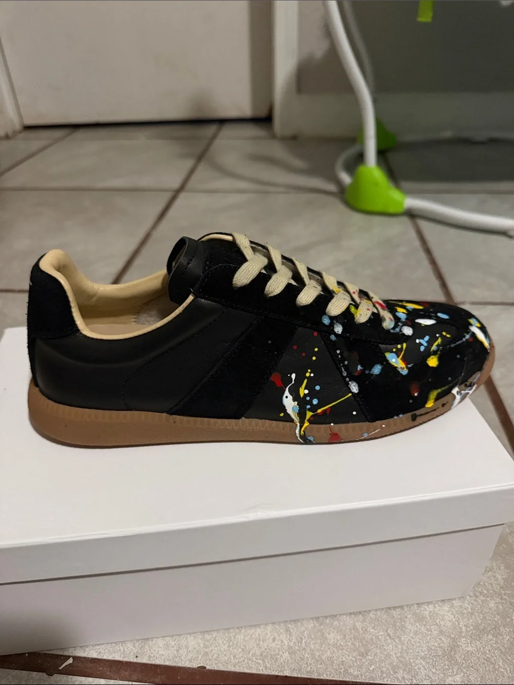 Maison Martin Margiela Black Leather Sneakers with Multicolor Paint Splatter